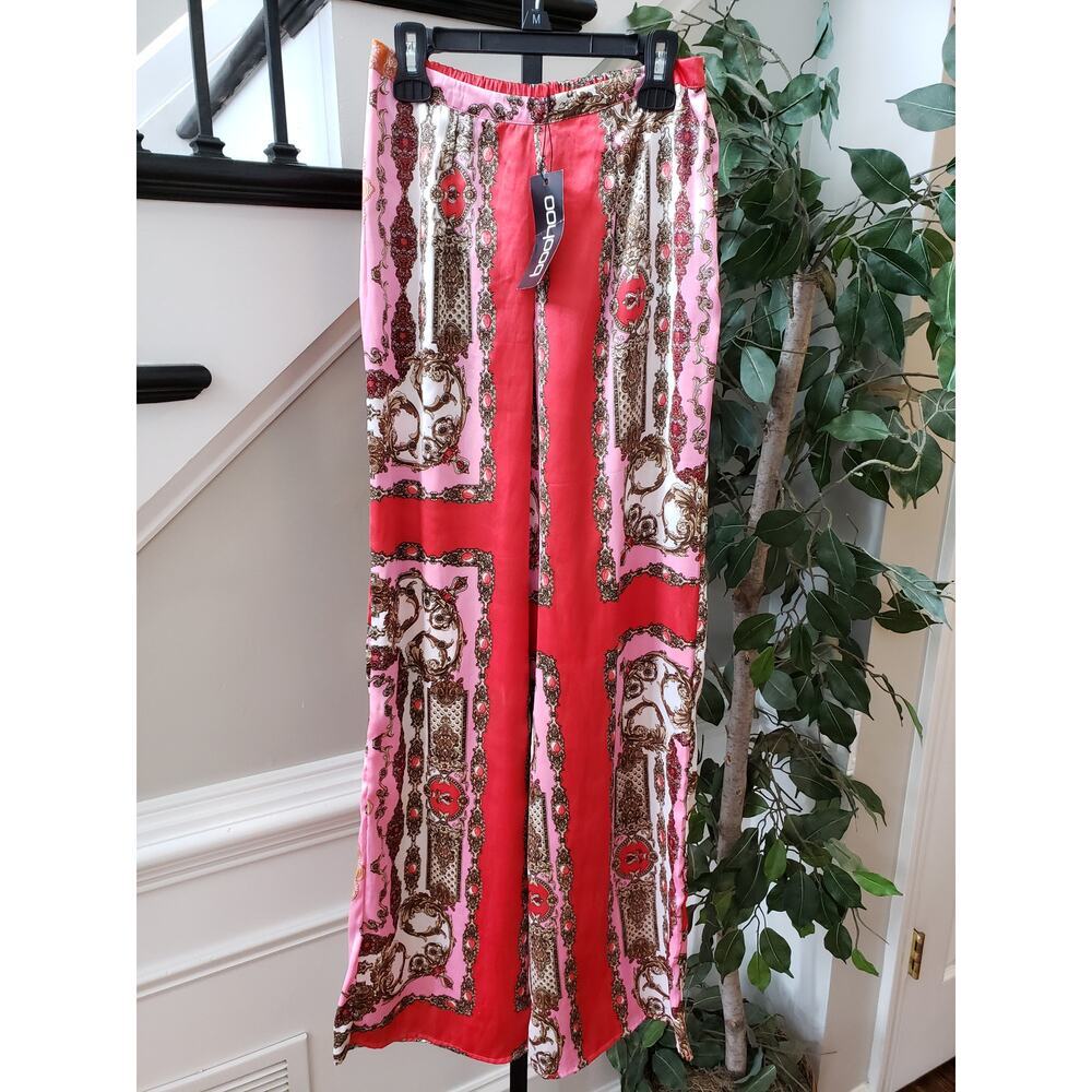 Boho Palazzo Pants Women's 2 Red Pink Lila‎ Chain Print Wide Leg Elastic Waist